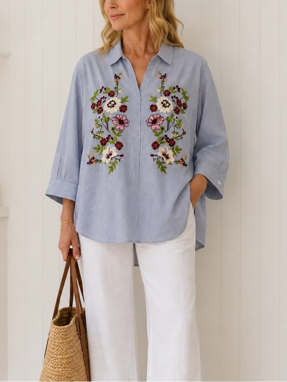 Blue Pinstripe 1X Floral Embroidered Blouse 3/4 Sleeve Gibson Latimer Coastal
